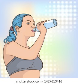 A beautiful girl is drinking water from a bottle.Pop art retro comic book cartoon drawing vector illustration kitsch vintage