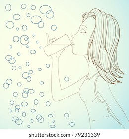 Beautiful girl drinking water on abstract bubbles background. Vector illustration.