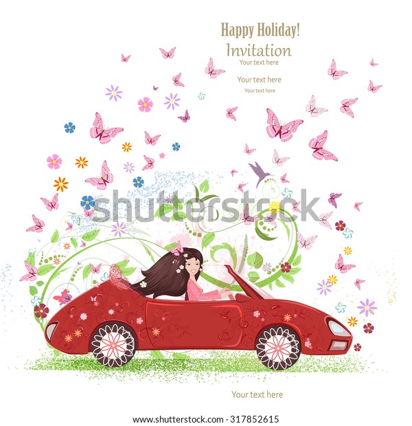 beautiful girl is driving car. the art floral\
red cabriolet with flower\
background.