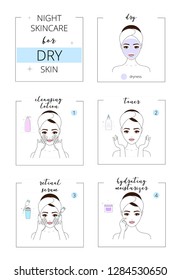 Beautiful girl with dry  skin, face night care for acne skin. Line style vector illustration, isolated on white background.