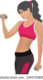 Beautiful girl with dumbbells in her hands goes in for sports in a fitness club