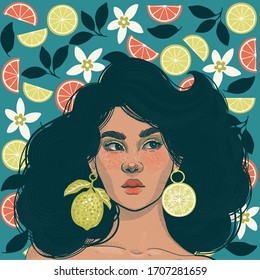 beautiful girl with earrings in the form of juicy limes on the background of fresh citruses and flowers 