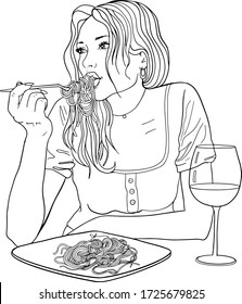 Beautiful girl eat spaghetti with glass of wine. Hand drawn vector line art of pretty woman eats paste, plate of instant noodles. Isolated on white background. Trendy outline fashion glamour girl.