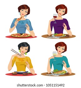 beautiful girl eats a delicious meal. set of four illustrations