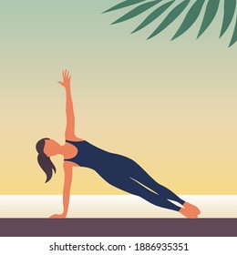 A beautiful girl is engaged in gymnastics. Body workout. Health and beauty concept. Vector flat illustration.