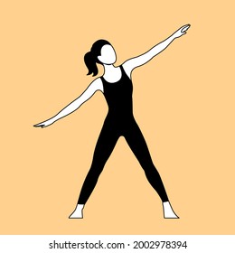 A beautiful girl is engaged in gymnastics. Body workout. Health and beauty concept. Vector cartoon outline illustration