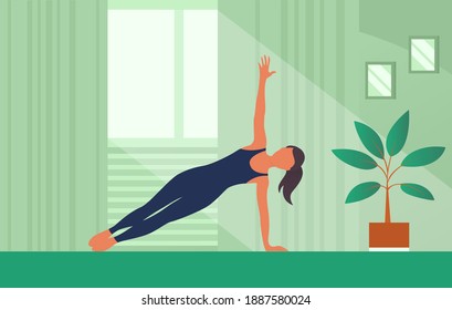 A beautiful girl is engaged in gymnastics. Home room. Body workout. Health and beauty concept. Vector flat illustration.