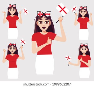 A beautiful girl with the English flag. A set of fan emotions. Vector illustration in cartoon style.