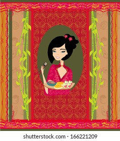 beautiful girl enjoy sushi - Template Design 