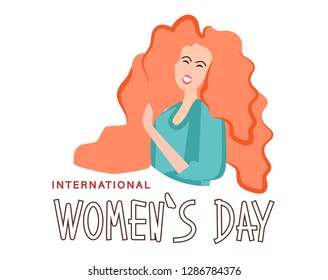 Beautiful girl of European appearance. Postcard Happy women's day and celebration of women's liberation, equality. Hand-drawn vector illustration of people of different races