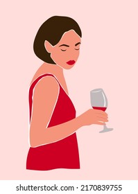 A beautiful girl in an evening dress with bright lips and a glass of wine. Abstract modern portrait. Vector graphics.