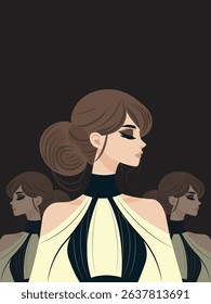 Beautiful girl in evening dress with makeup flat vector illustration.
