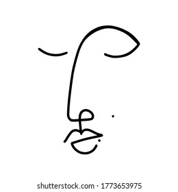 Beautiful girl face. Attractive young female woman portrait, beauty concept. Continuous one line drawing. Black and white vector illustration