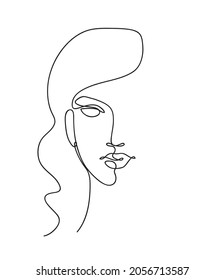 Beautiful girl face. Attractive young woman portrait female beauty concept. Continuous line drawing. Black and white vector illustration