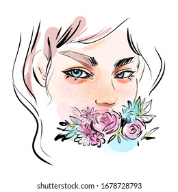 Beautiful girl face with flowers vector watercolor painting. Fashion illustration.