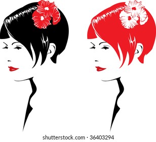 Beautiful girl face with flowers, vector illustration. Red, black and white.