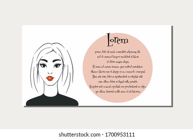 Beautiful girl face with full lips and short haircut, isolated vector with place for text. Logo emblem for printing on cosmetic packaging, brochure, leaflet.