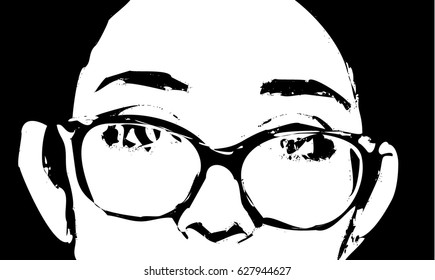 Beautiful girl face with glasses stencil on a black background. Vector art.