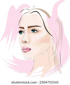 Beautiful girl face with green eyes fashion illustration. Hand drawn vector sketch.