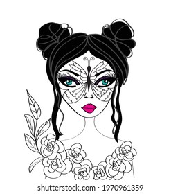 Beautiful girl face with hand drawn butterfly tattoo. T-shirt graphics design.