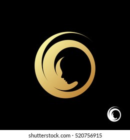 Beautiful girl face logo template. Golden sticker with girl face on a black background. Modern and creative symbol for company identity, advertising, poster, leaflet, banner, web and flyer.