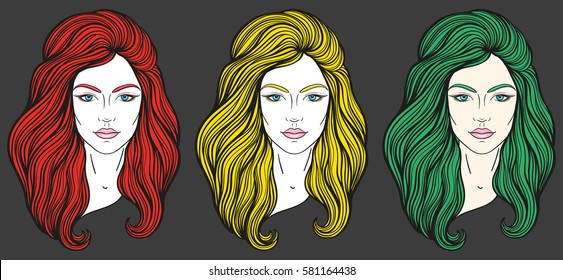 Beautiful girl face with long colorful red, yellow, green hair, make up and neutral expression. Hand drawn woman portraits stylized in lines set. Decorative vector illustration