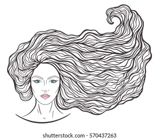 Beautiful girl face with long curly hair and neutral expression. Hand drawn woman portrait stylized in lines. Decorative vector illustration