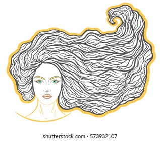 Beautiful girl face with long curly hair and neutral expression. Hand drawn woman portrait stylized in lines. Decorative vector illustration