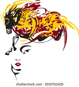 Beautiful girl face with long hair in form of a horse. The unusual abstract face of a girl in a sketchy version with hair from a running horse on a white background for your creative ideas
