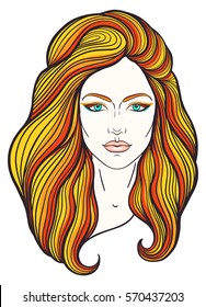 Beautiful girl face with long hair and neutral expression. Hand drawn woman portrait stylized in lines. Decorative vector illustration