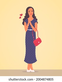 Beautiful girl with a face in love. She is wearing a long summer dress. Handbag in hand. Romantic hearts. Vector cartoon romantic illustration.