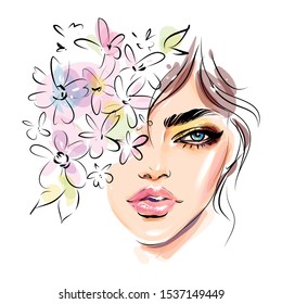 Beautiful girl face makeup with abstract flowers on head in hair vector fashion illustration.