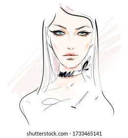 Hermosa chica se enfrenta a un dibujo vectorial de maquillaje. Ilustración de moda dibujada a mano.