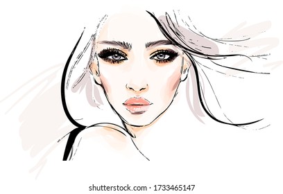 Hermosa chica se enfrenta a un dibujo vectorial de maquillaje. Ilustración de moda dibujada a mano.
