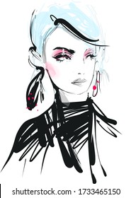 Hermosa chica se enfrenta a un dibujo vectorial de maquillaje. Ilustración de moda dibujada a mano.
