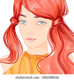 Beautiful girl face makeup vector portrait. Woman with red hair fashion illustration.