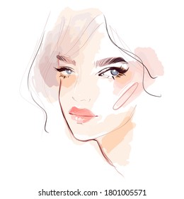 Beautiful girl face makeup watercolor painting sketch. Hand drawn fashion illustration.