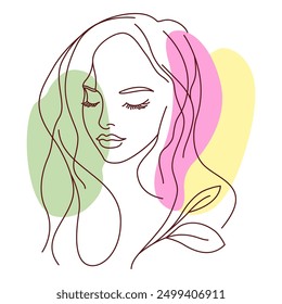 Beautiful Girl Face with Nature Leaves Plant for Natural Beauty Care in Line Art Style