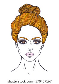 Beautiful girl face with neutral expression. Hand drawn woman portrait stylized in lines. Decorative vector illustration