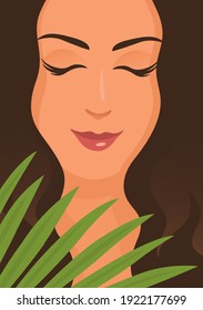 Beautiful girl face and palm leaf. Close up of a woman face. Vector poster illustration.