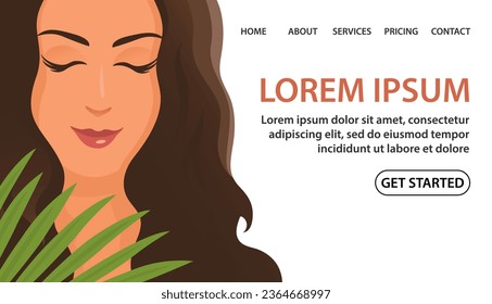 Beautiful girl face and palm leaf. Close up of a woman face. Vector illustration. Design for banner, website