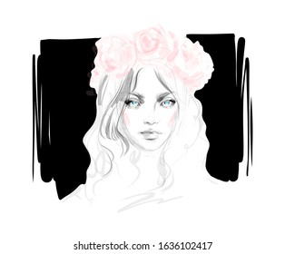 Beautiful girl face portrait with pink rose flowers wreath on her head vector drawing.