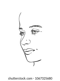 Beautiful girl face in profile, Vector sketch close up, Hand drawn illustration isolated