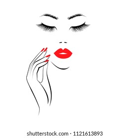 Beautiful girl face with red lips, lush eyelashes, hand with red manicure nails. Beauty Logo. Vector illustration