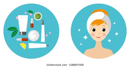 beautiful girl face and set of isolated cosmetic products