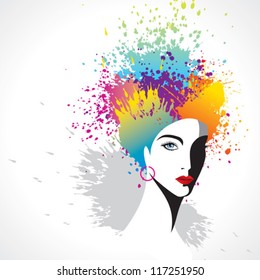 beautiful girl face silhouette with colorful hair splashes