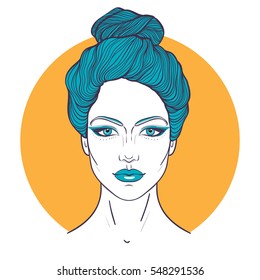 Beautiful girl face with top bun hair style and neutral expression. Hand drawn woman portrait  stylized in lines. Decorative vector illustration