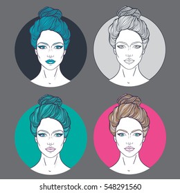 Beautiful girl face with top bun hair style and neutral expression set. Hand drawn woman portrait  stylized in lines. Decorative vector illustration