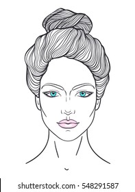 Beautiful Girl Face With Top Bun Hair Style And Neutral Expression. Hand Drawn Woman Portrait  Stylized In Lines. Decorative Vector Illustration