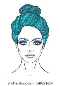 Beautiful girl face with top bun hair style and neutral expression. Hand drawn woman portrait  stylized in lines. Decorative vector illustration